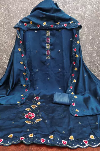  teal blue embrodiery silk dress material