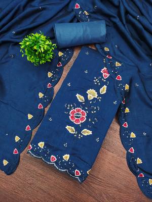  teal blue embrodiery silk dress material 3