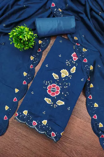  teal blue embrodiery silk dress material