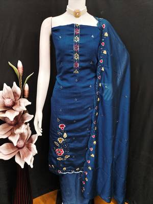  teal blue embrodiery silk dress material 4