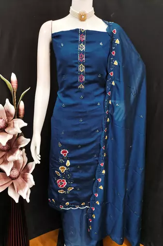  teal blue embrodiery silk dress material