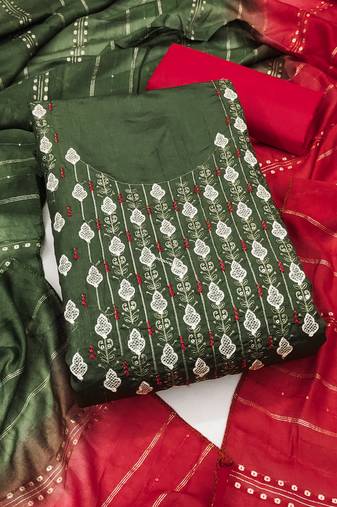 Women's green embrodiery zora silk dress material