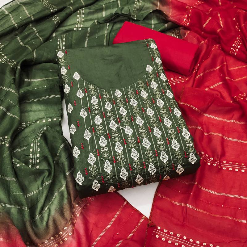 Women's green embrodiery zora silk dress material