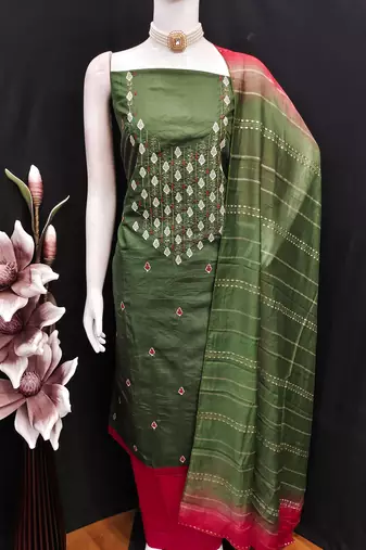  green embrodiery zora silk dress material