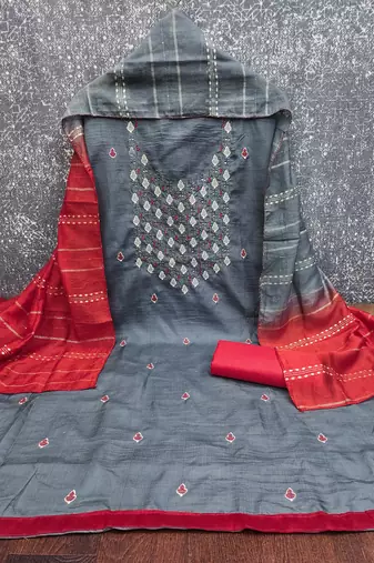  grey embrodiery zora silk dress material