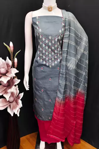  grey embrodiery zora silk dress material