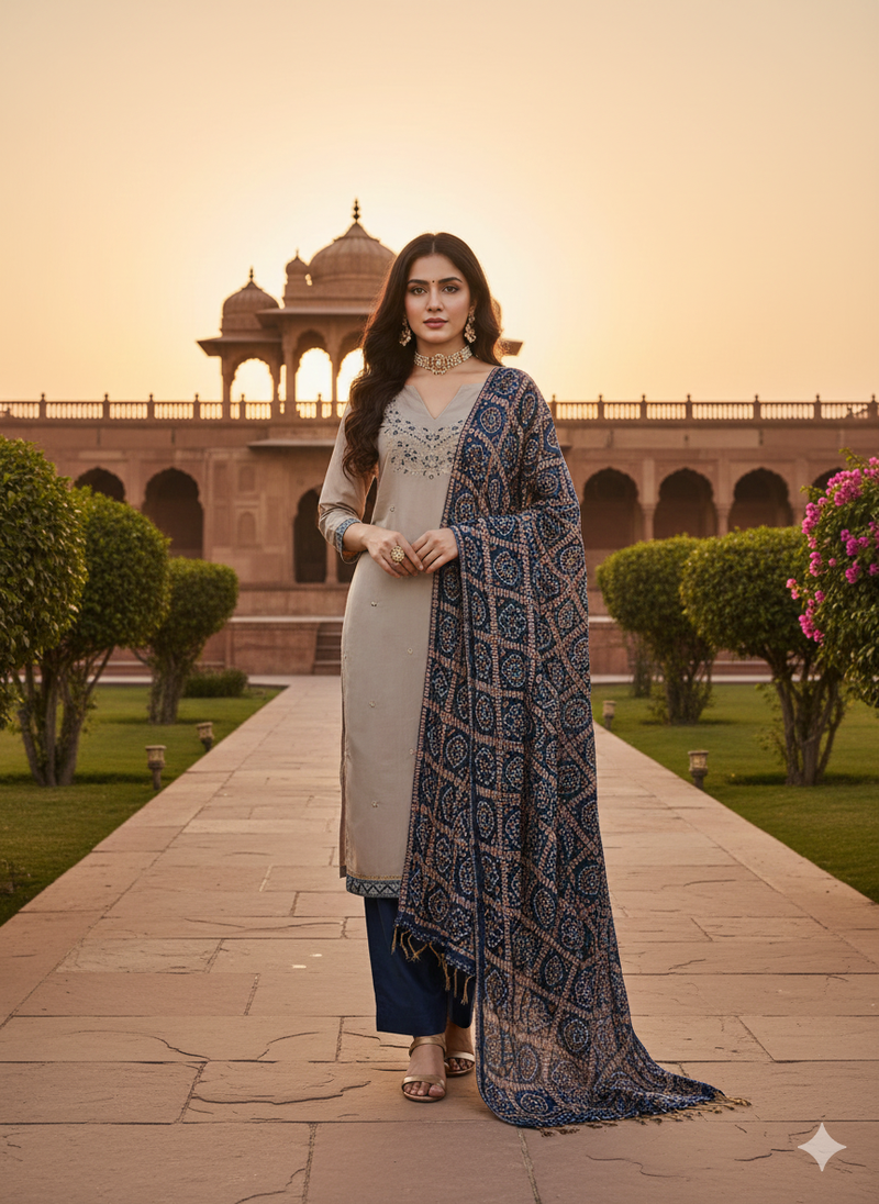 Women's grey embroidery zora silk dress material