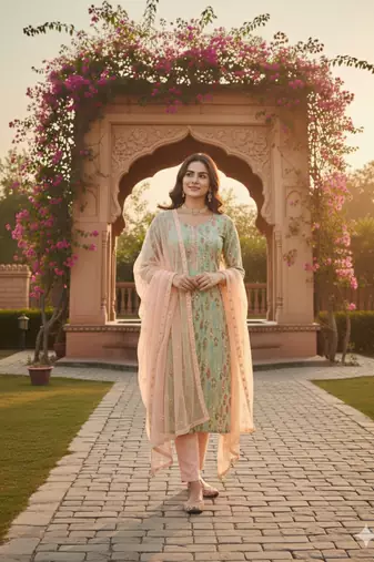 Women's green embroidery slub cotton dress material