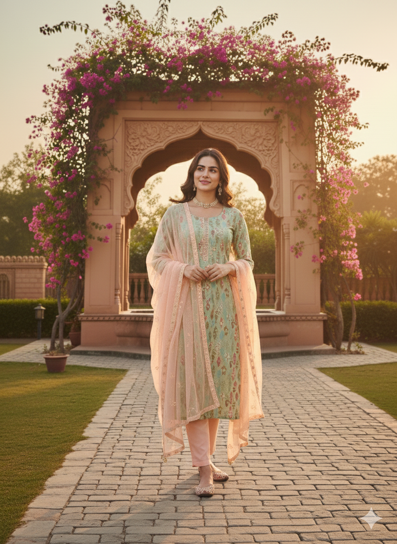 Women's green embroidery slub cotton dress material