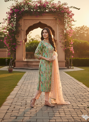  green embroidery slub cotton dress material 2