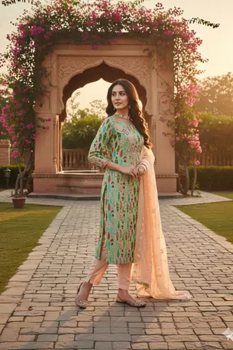  green embroidery slub cotton dress material