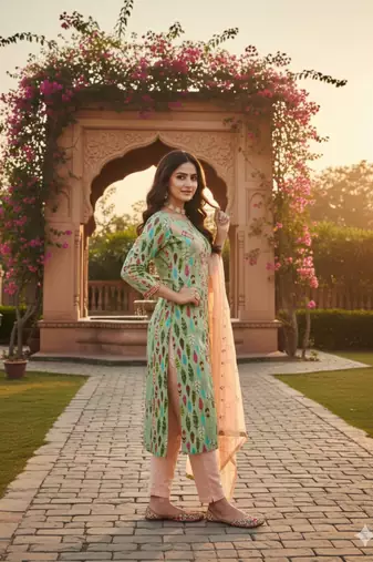  green embroidery slub cotton dress material