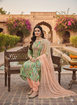  green embroidery slub cotton dress material 4