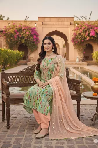  green embroidery slub cotton dress material
