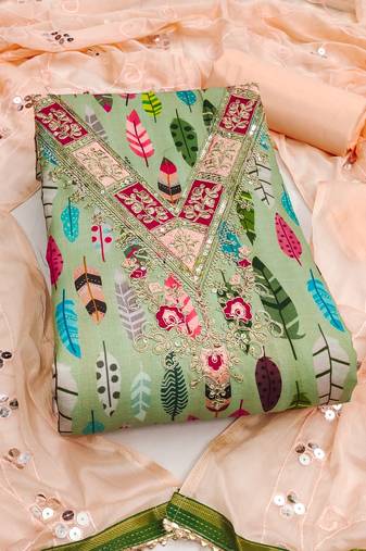 green embroidery slub cotton dress material