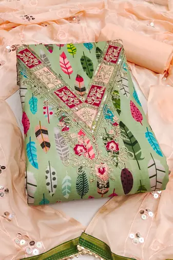 Women's green embroidery slub cotton dress material