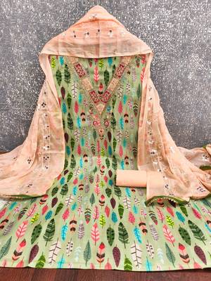  green embroidery slub cotton dress material 2