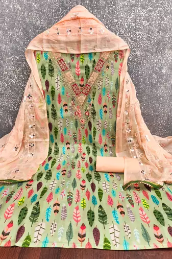  green embroidery slub cotton dress material