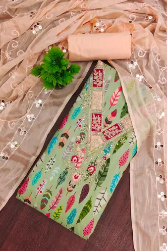  green embroidery slub cotton dress material