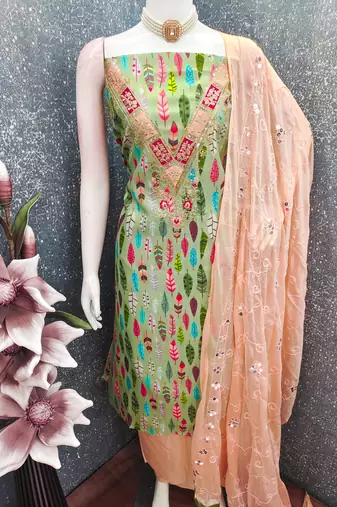  green embroidery slub cotton dress material