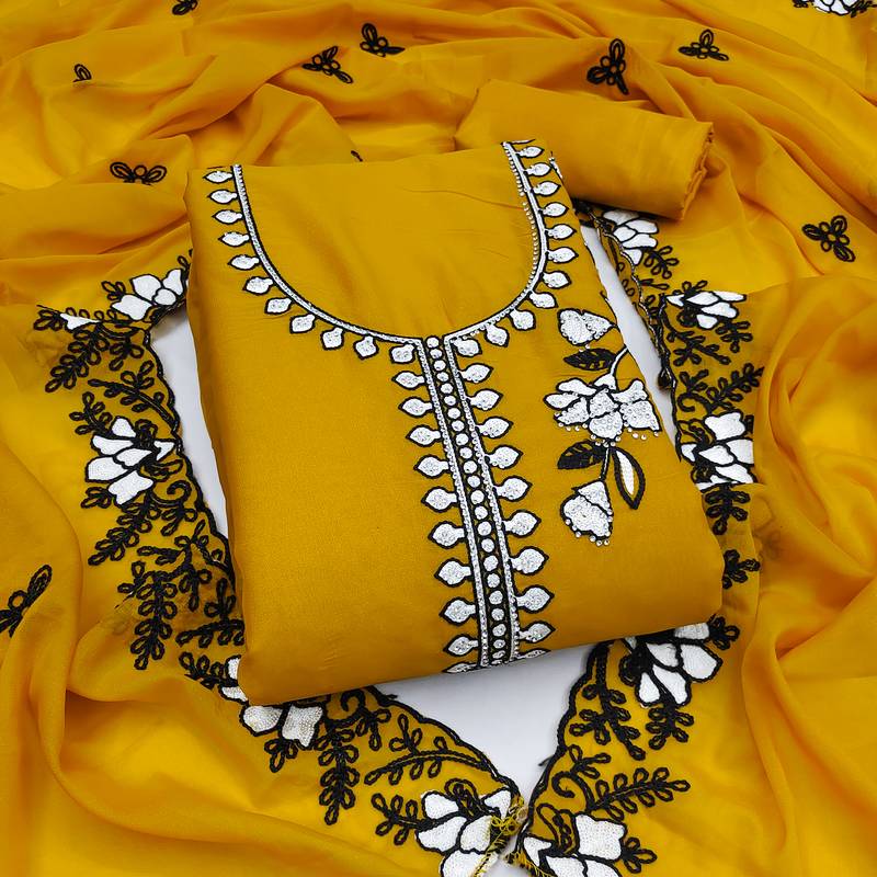 Women's mustard embroidery georgette dress material