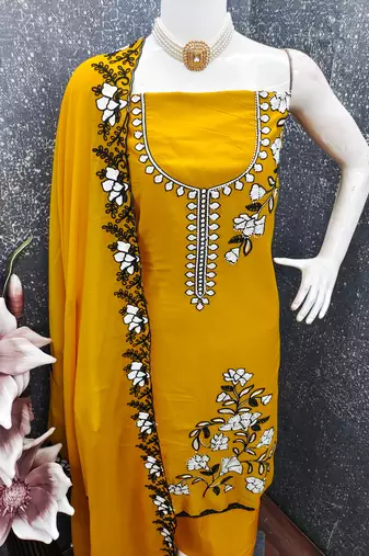  mustard embroidery georgette dress material