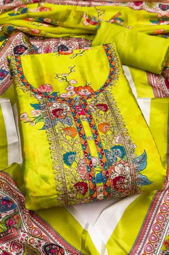  light green embroidery chinnon dress material