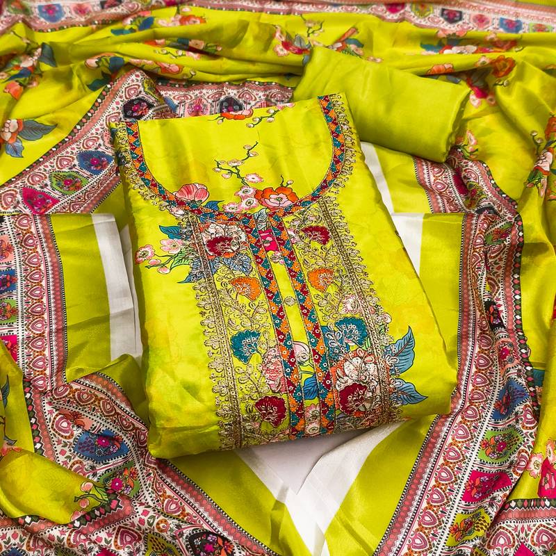 Women's light green embroidery chinnon dress material