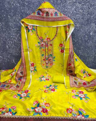  light green embroidery chinnon dress material 2