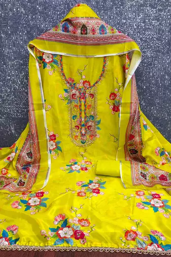  light green embroidery chinnon dress material