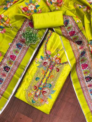  light green embroidery chinnon dress material 3