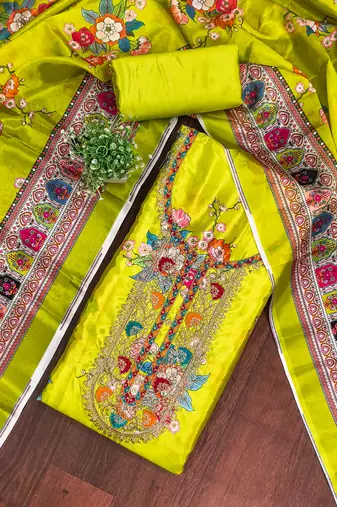  light green embroidery chinnon dress material
