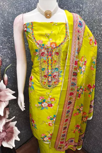  light green embroidery chinnon dress material