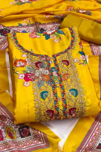 Women's mustard embroidery chinnon dress material