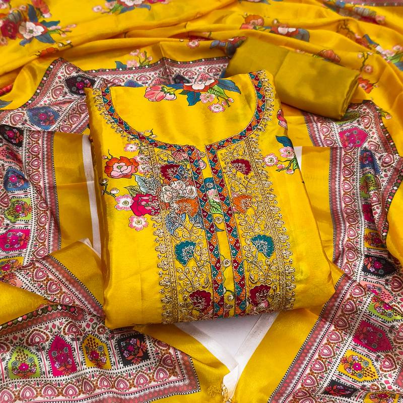 Women's mustard embroidery chinnon dress material