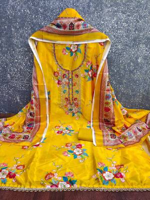  mustard embroidery chinnon dress material 2