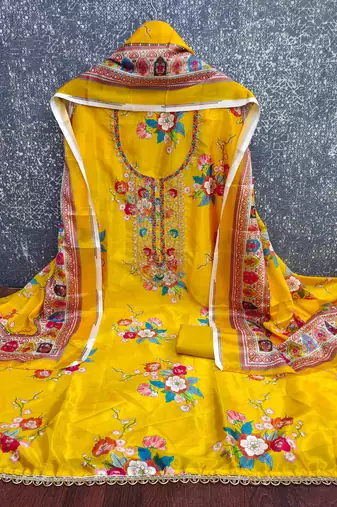 mustard embroidery chinnon dress material