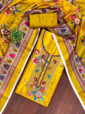  mustard embroidery chinnon dress material 3