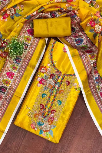  mustard embroidery chinnon dress material