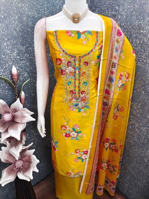 mustard embroidery chinnon dress material 4