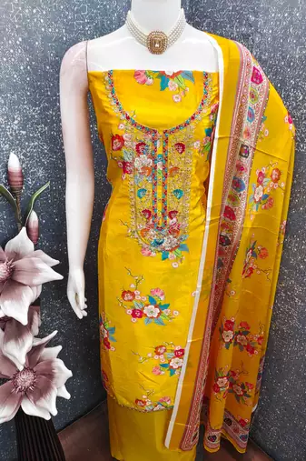  mustard embroidery chinnon dress material