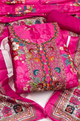 Women's pink embroidery chinnon dress material