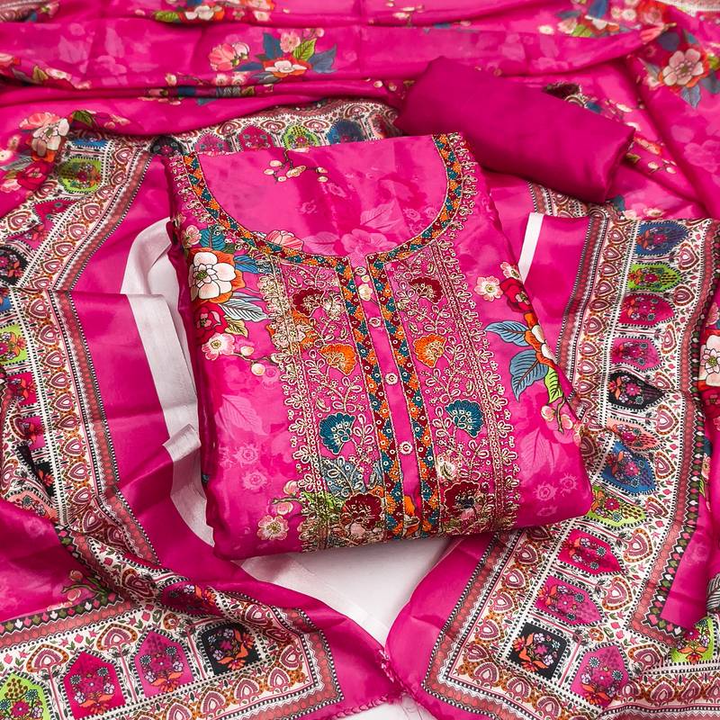 Women's pink embroidery chinnon dress material