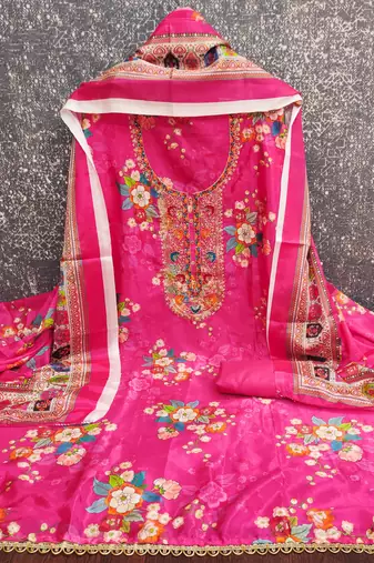  pink embroidery chinnon dress material