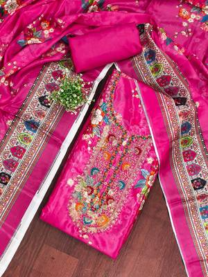  pink embroidery chinnon dress material 3