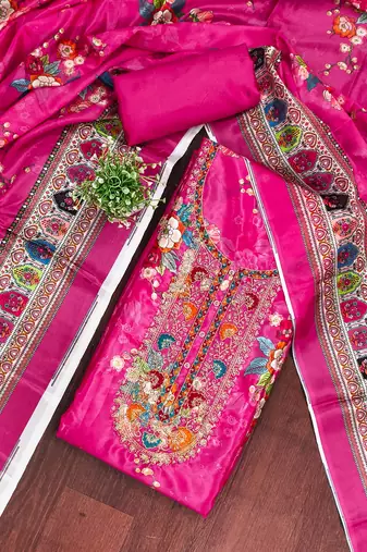  pink embroidery chinnon dress material