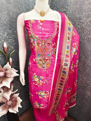  pink embroidery chinnon dress material 4