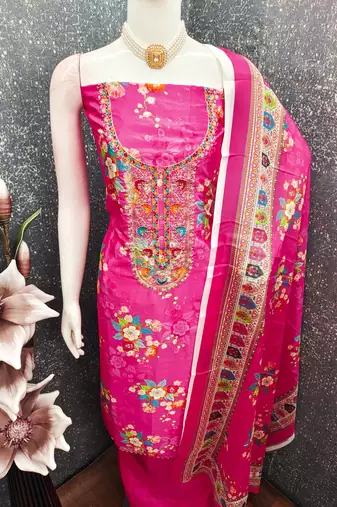  pink embroidery chinnon dress material