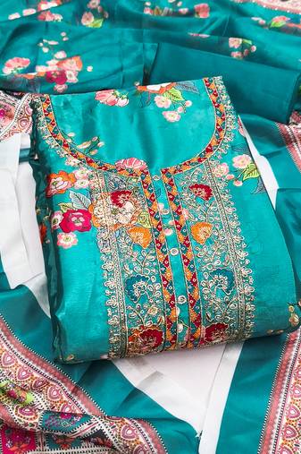 Women's sea green embroidery chinnon dress material