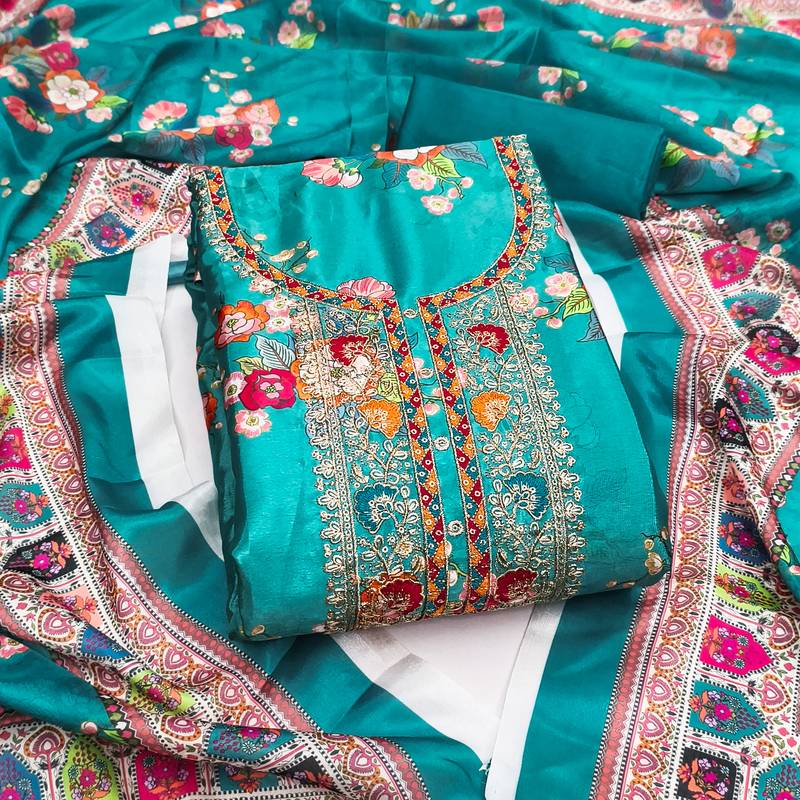 Women's sea green embroidery chinnon dress material